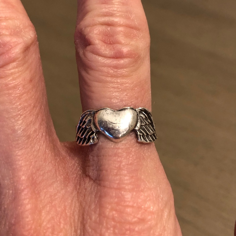 Distressed Silver Tone Heart With Wings Ring Size 8